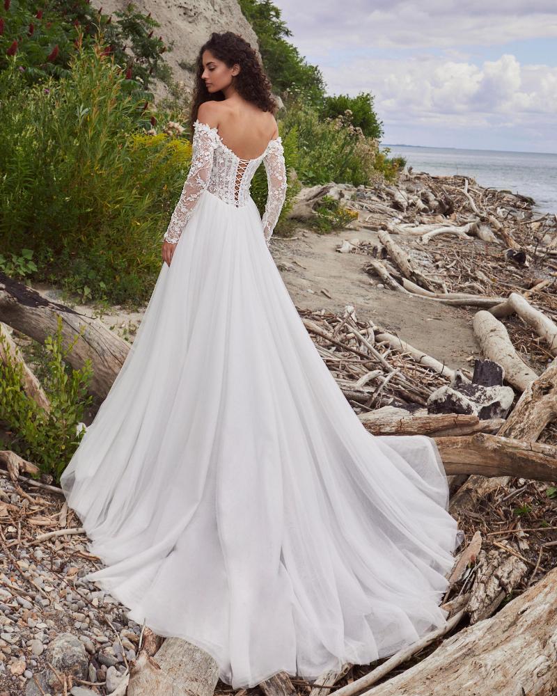 La24115 off the shoulder long sleeve wedding dress with lace and tulle1
